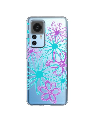 Coque Xiaomi 12T/12T Pro Turquoise and Purple Flowers Fleurs Violettes Transparente - Sylvia Cook