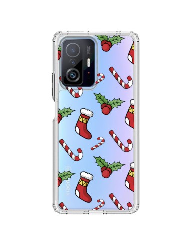 Cover Xiaomi 11T / 11T Pro Calze Bastoncini di Zucchero Agrifoglio Natale Trasparente - Nico