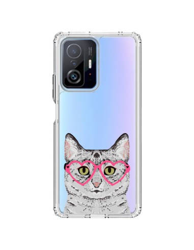 Coque Xiaomi 11T / 11T Pro Chat Gris Lunettes Coeurs Transparente - Pet Friendly