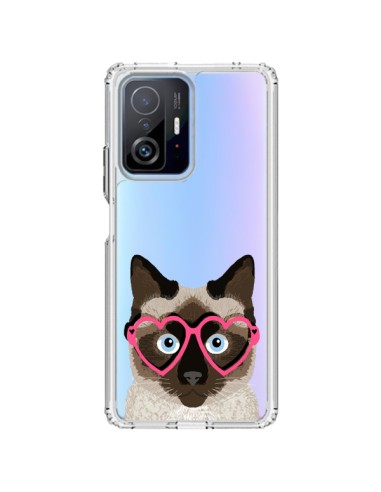 Coque Xiaomi 11T / 11T Pro Chat Marron Lunettes Coeurs Transparente - Pet Friendly