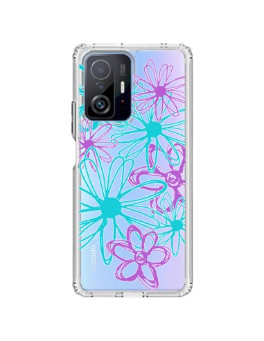 Coque Xiaomi 11T / 11T Pro Turquoise and Purple Flowers Fleurs Violettes Transparente - Sylvia Cook