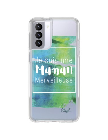 Coque Samsung Galaxy S21 FE Je suis une Maman Merveilleuse Bleu Vert Transparente - Chapo