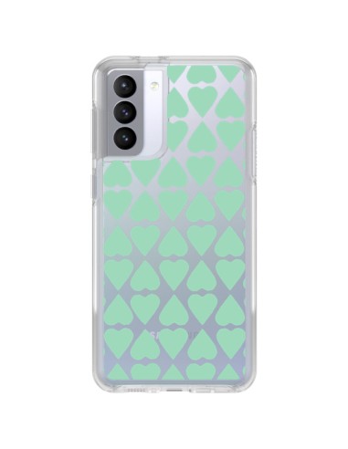 Coque Samsung Galaxy S21 FE Coeurs Heart Mint Bleu Vert Transparente - Project M