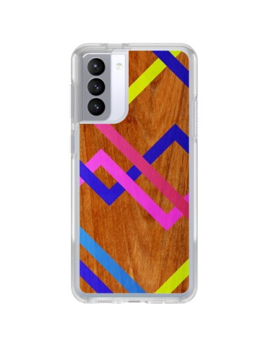 Coque Samsung Galaxy S21 FE Pink Yellow Wooden Bois Azteque Aztec Tribal - Jenny Mhairi