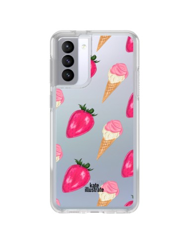 Coque Samsung Galaxy S21 FE Strawberry Ice Cream Fraise Glace Transparente - kateillustrate