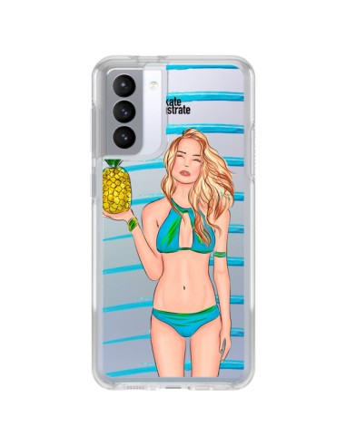 Coque Samsung Galaxy S21 FE Malibu Ananas Plage Ete Bleu Transparente - kateillustrate