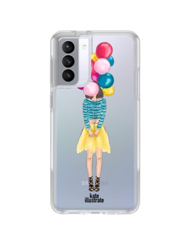 Coque Samsung Galaxy S21 FE Girls Balloons Ballons Fille Transparente - kateillustrate