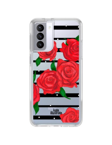 Coque Samsung Galaxy S21 FE Red Roses Rouge Fleurs Flowers Transparente - kateillustrate