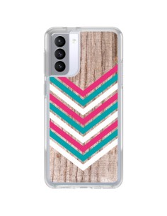 Coque Samsung Galaxy S21 FE Tribal Aztèque Bois Wood Flèche Rose Bleu - Laetitia