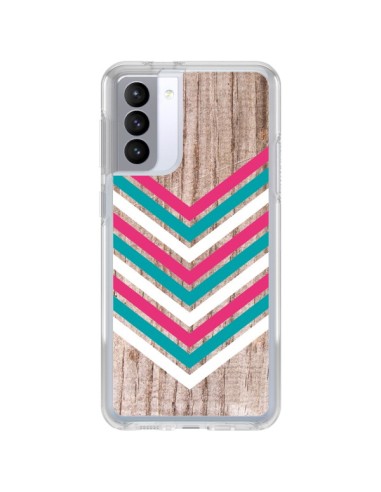 Coque Samsung Galaxy S21 FE Tribal Aztèque Bois Wood Flèche Rose Bleu - Laetitia