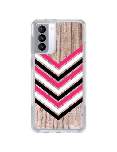 Coque Samsung Galaxy S21 FE Tribal Aztèque Bois Wood Flèche Rose Blanc Noir - Laetitia