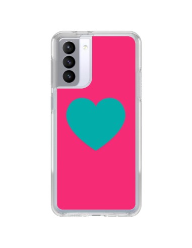 Coque Samsung Galaxy S21 FE Coeur Bleu Fond Rose - Laetitia