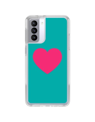 Coque Samsung Galaxy S21 FE Coeur Rose Fond Bleu  - Laetitia