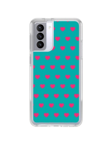 Coque Samsung Galaxy S21 FE Coeurs Roses Fond Bleu - Laetitia