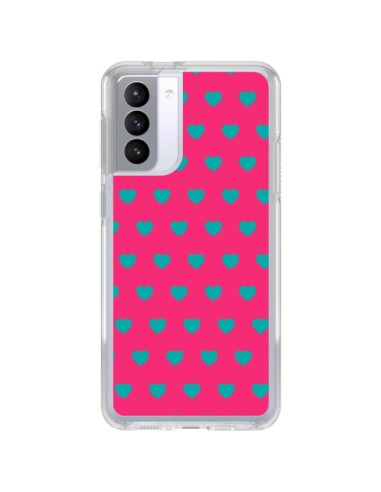 Coque Samsung Galaxy S21 FE Coeurs Bleus Fond Rose - Laetitia