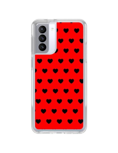 Coque Samsung Galaxy S21 FE Coeurs Noirs Fond Rouge - Laetitia