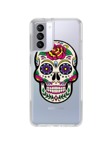 Coque Samsung Galaxy S21 FE Tête de Mort Mexicaine Fleurs Transparente - Laetitia