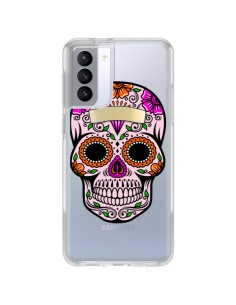 Coque Samsung Galaxy S21 FE Tête de Mort Mexicaine Noir Rose Transparente - Laetitia
