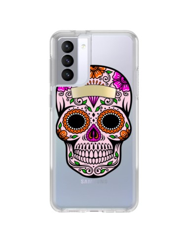 Coque Samsung Galaxy S21 FE Tête de Mort Mexicaine Noir Rose Transparente - Laetitia