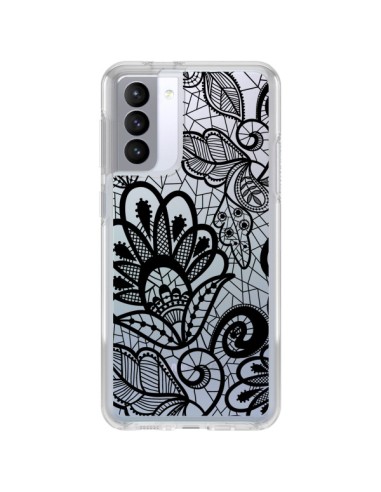 Coque Samsung Galaxy S21 FE Lace Fleur Flower Noir Transparente - Petit Griffin