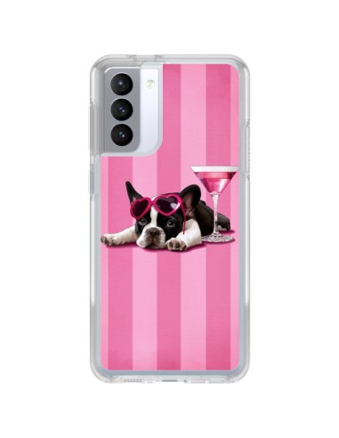 Coque Samsung Galaxy S21 FE Chien Dog Cocktail Lunettes Coeur Rose - Maryline Cazenave