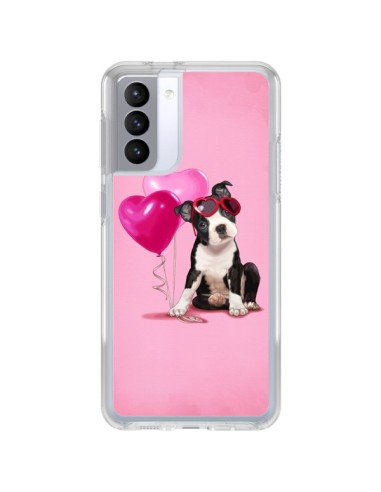 Coque Samsung Galaxy S21 FE Chien Dog Ballon Lunettes Coeur Rose - Maryline Cazenave