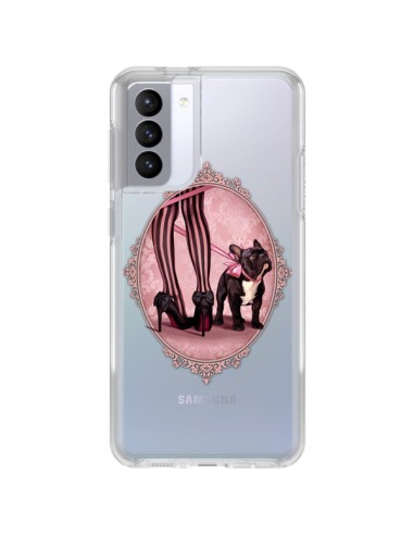 Coque Samsung Galaxy S21 FE Lady Jambes Chien Bulldog Dog Rose Pois Noir Transparente - Maryline Cazenave