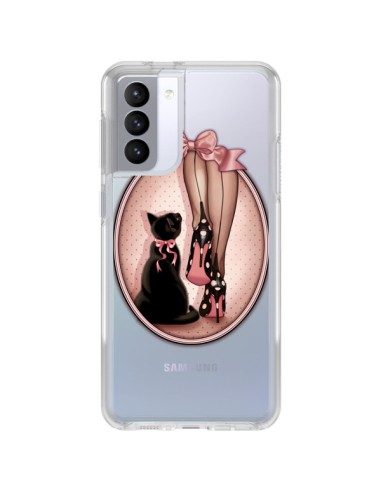 Coque Samsung Galaxy S21 FE Lady Chat Noeud Papillon Pois Chaussures Transparente - Maryline Cazenave