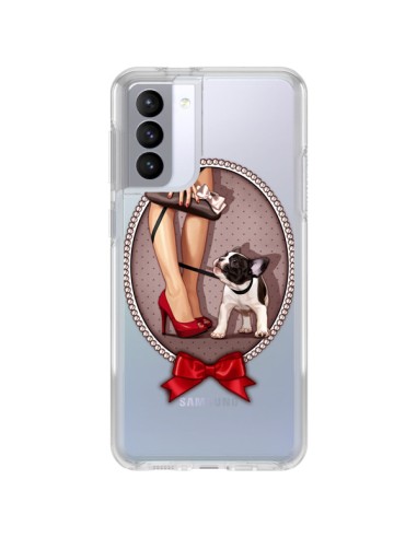 Coque Samsung Galaxy S21 FE Lady Jambes Chien Bulldog Dog Pois Noeud Papillon Transparente - Maryline Cazenave