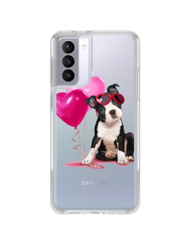 Coque Samsung Galaxy S21 FE Chien Dog Ballon Lunettes Coeur Rose Transparente - Maryline Cazenave