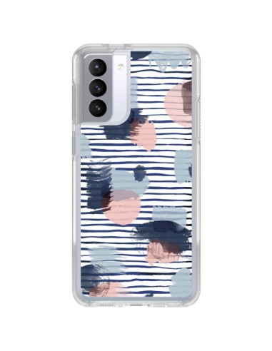 Coque Samsung Galaxy S21 FE Watercolor Stains Stripes Navy - Ninola Design