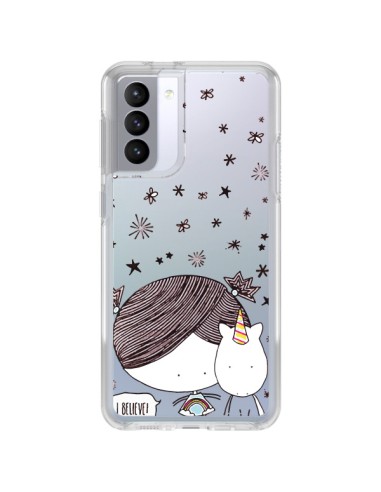 Coque Samsung Galaxy S21 FE Petite Fille et Licorne I Believe Transparente - Nico