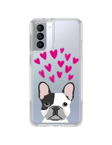 Coque Samsung Galaxy S21 FE Bulldog Français Coeurs Chien Transparente - Pet Friendly
