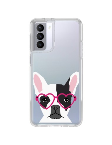 Coque Samsung Galaxy S21 FE Bulldog Français Lunettes Coeurs Chien Transparente - Pet Friendly