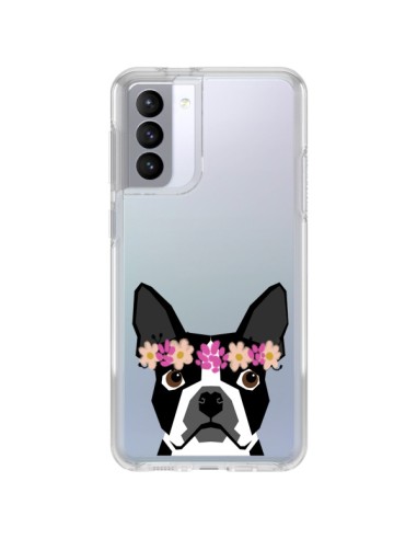 Coque Samsung Galaxy S21 FE Boston Terrier Fleurs Chien Transparente - Pet Friendly