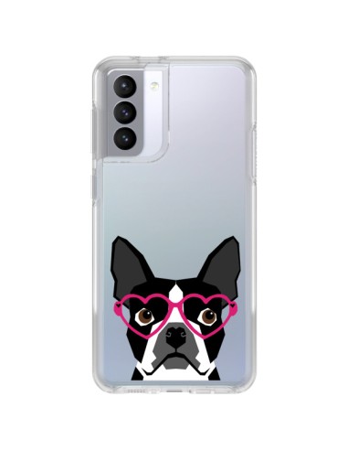 Coque Samsung Galaxy S21 FE Boston Terrier Lunettes Coeurs Chien Transparente - Pet Friendly