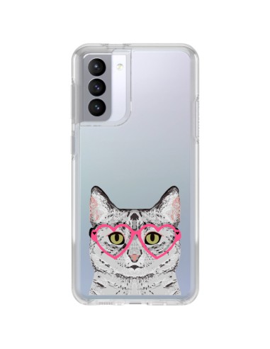 Coque Samsung Galaxy S21 FE Chat Gris Lunettes Coeurs Transparente - Pet Friendly