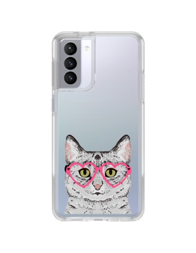 Cover Samsung Galaxy S21 FE Gatto Grigio Occhiali Cuori Trasparente - Pet Friendly