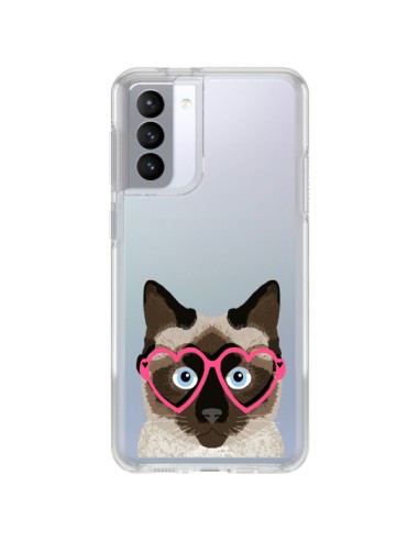 Coque Samsung Galaxy S21 FE Chat Marron Lunettes Coeurs Transparente - Pet Friendly