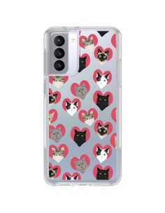 Coque Samsung Galaxy S21 FE Chats Coeurs Transparente - Pet Friendly