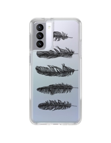 Coque Samsung Galaxy S21 FE Plume Feather Noir Transparente - Rachel Caldwell
