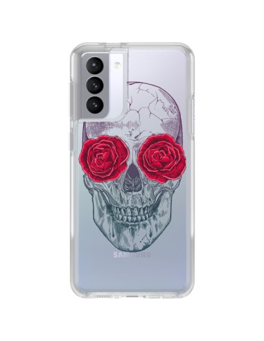 Samsung Galaxy S21 FE Case Skull Pink Flowers Clear - Rachel Caldwell