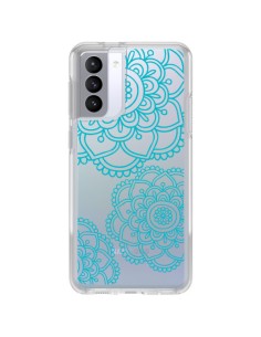 Coque Samsung Galaxy S21 FE Mandala Bleu Aqua Doodle Flower Transparente - Sylvia Cook
