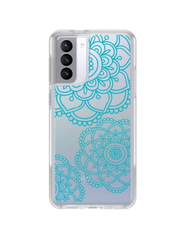 Coque Samsung Galaxy S21 FE Mandala Bleu Aqua Doodle Flower Transparente - Sylvia Cook