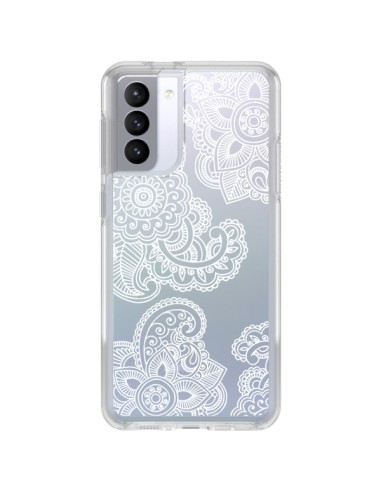 Coque Samsung Galaxy S21 FE Lacey Paisley Mandala Blanc Fleur Transparente - Sylvia Cook