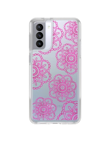 Coque Samsung Galaxy S21 FE Pink Doodle Flower Mandala Rose Fleur Transparente - Sylvia Cook
