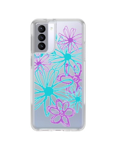 Coque Samsung Galaxy S21 FE Turquoise and Purple Flowers Fleurs Violettes Transparente - Sylvia Cook