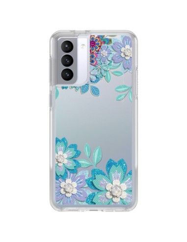 Coque Samsung Galaxy S21 FE Winter Flower Bleu, Fleurs d'Hiver Transparente - Sylvia Cook