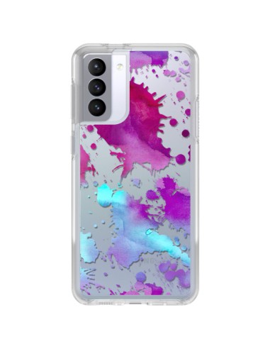 Coque Samsung Galaxy S21 FE Watercolor Splash Taches Bleu Violet Transparente - Sylvia Cook