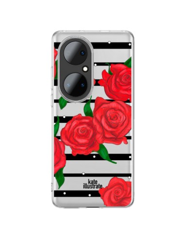 Huawei P50 Pro Case Red Flowers Clear - kateillustrate